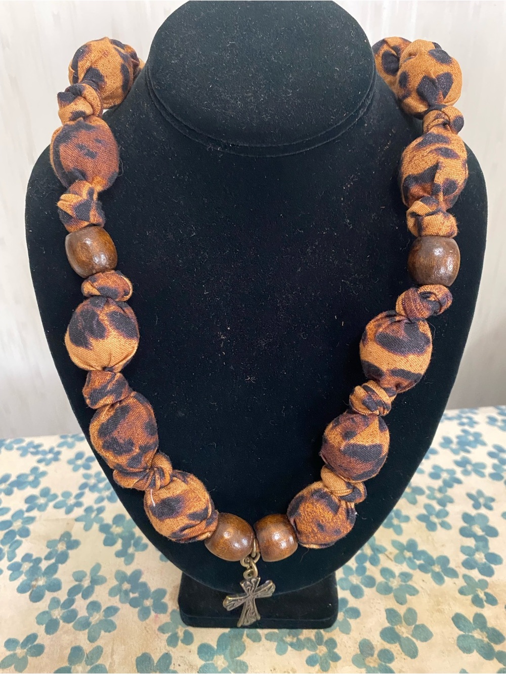 Leopard Print Fabric Bead Necklace with Cross Pendant - Brown